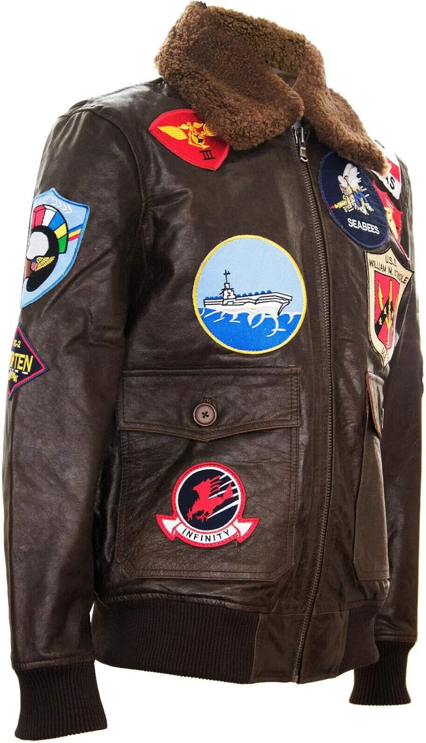 Men's Air Force A2 Flight Leather Bomber Jacket with Sheepskin Collar and Patches