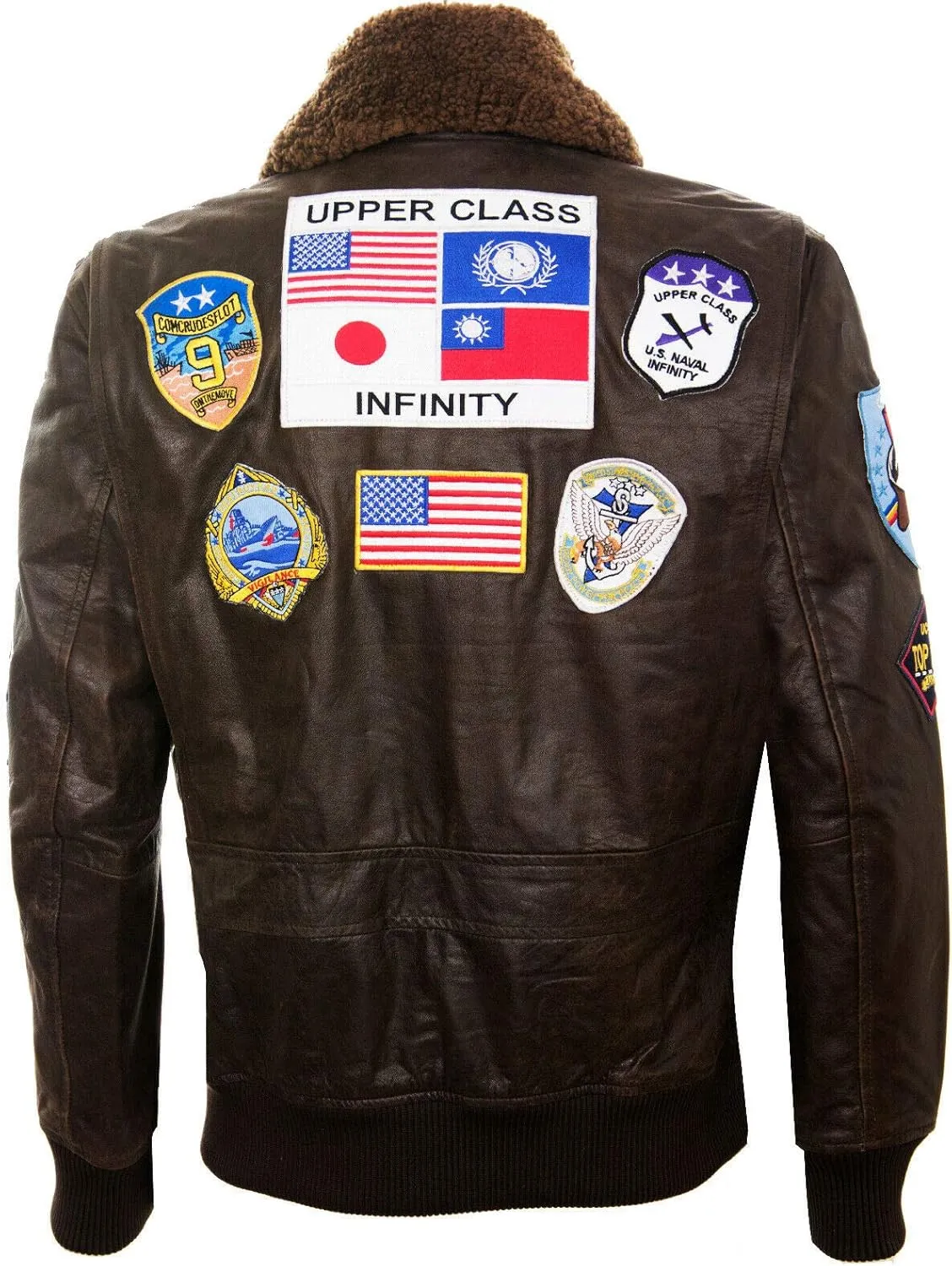 Men's Air Force A2 Flight Leather Bomber Jacket with Sheepskin Collar and Patches