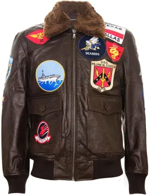Men's Air Force A2 Flight Leather Bomber Jacket with Sheepskin Collar and Patches