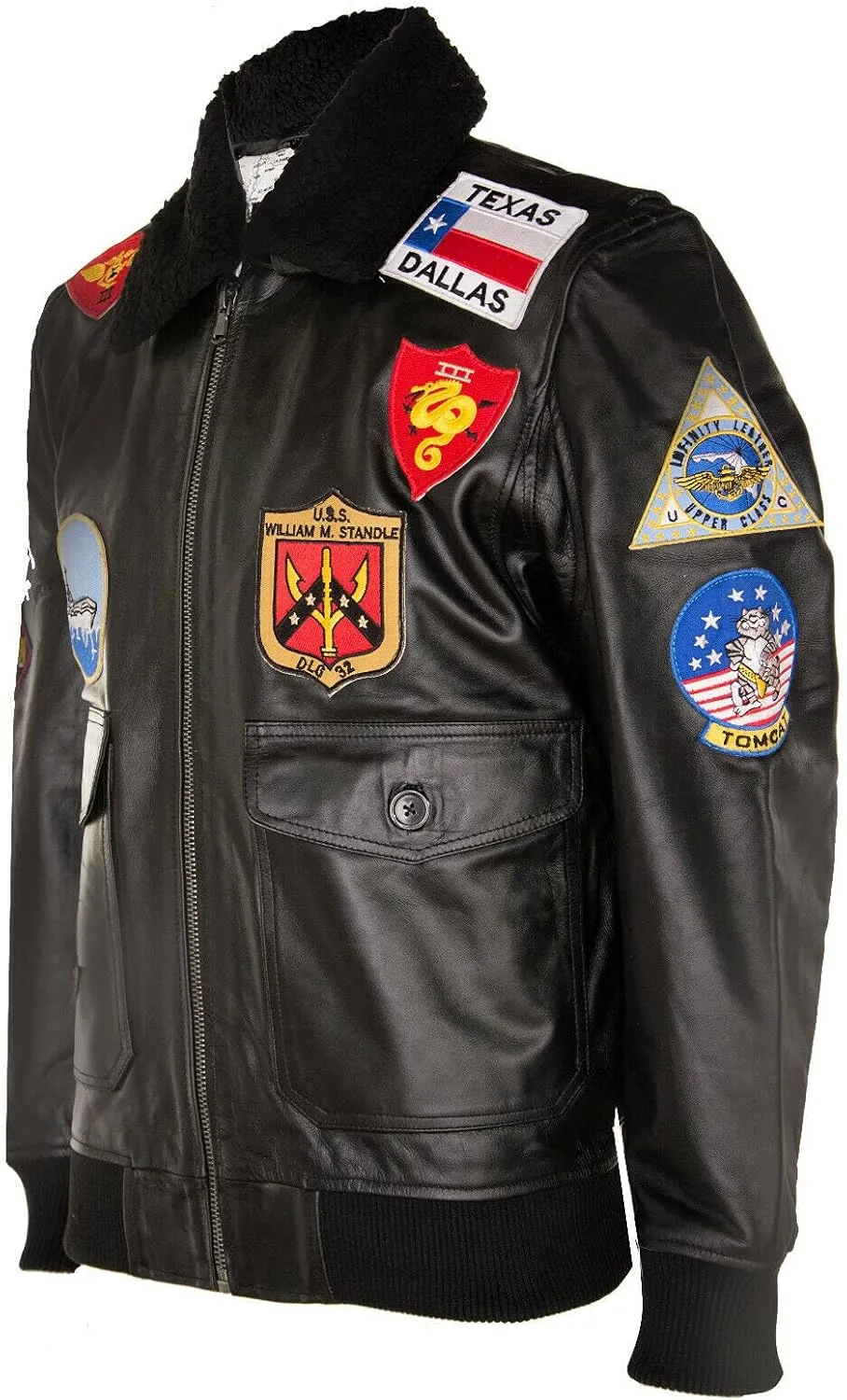 Men's Air Force A2 Flight Leather Bomber Jacket with Sheepskin Collar and Patches