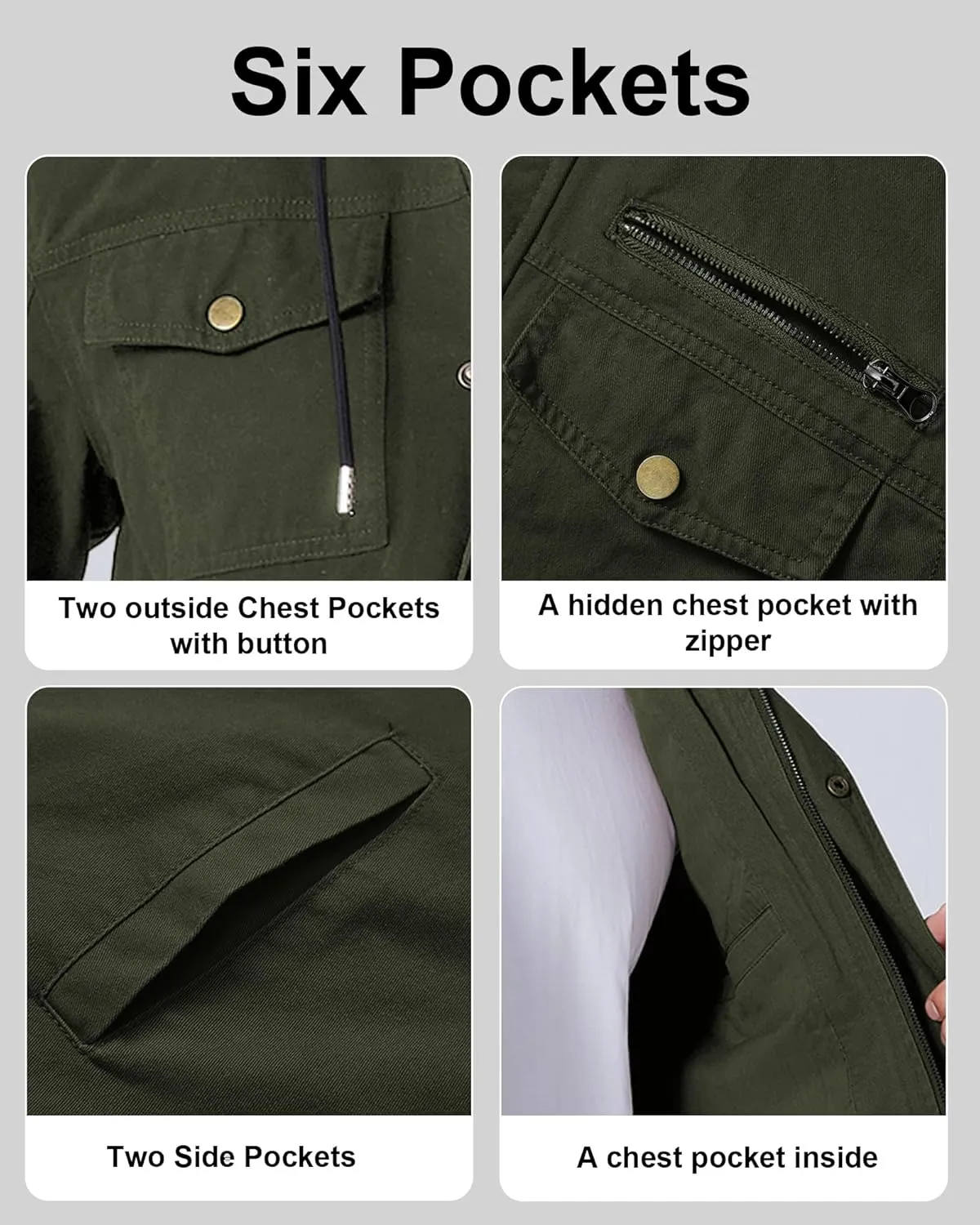 Men's Cotton Lightweight Jacket Military Canvas Field Coat Work Outwear Casual Spring Cargo Jacket with Hooded