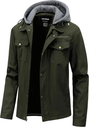 Men's Cotton Lightweight Jacket Military Canvas Field Coat Work Outwear Casual Spring Cargo Jacket with Hooded