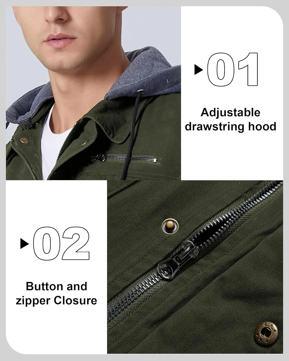 Men's Cotton Lightweight Jacket Military Canvas Field Coat Work Outwear Casual Spring Cargo Jacket with Hooded