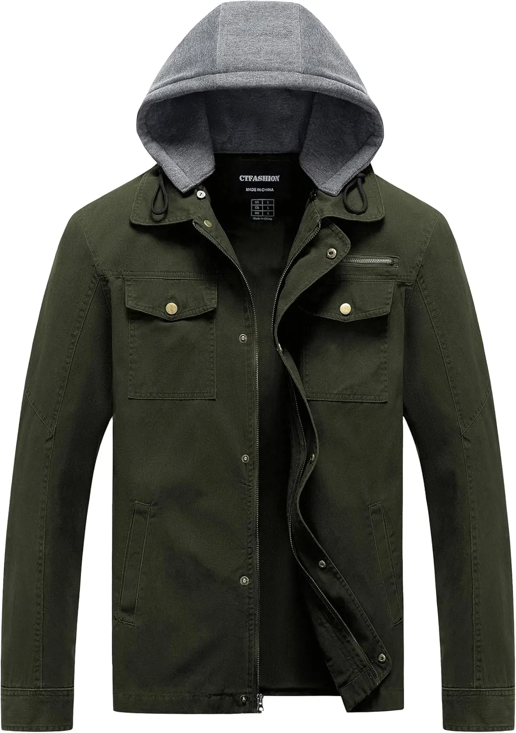 Men's Cotton Lightweight Jacket Military Canvas Field Coat Work Outwear Casual Spring Cargo Jacket with Hooded