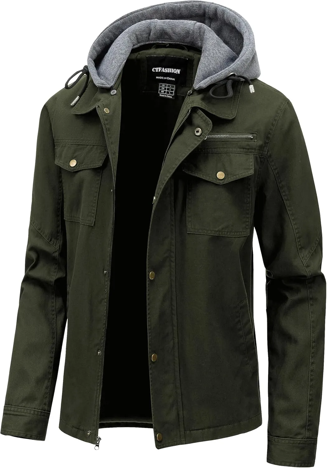 Men's Cotton Lightweight Jacket Military Canvas Field Coat Work Outwear Casual Spring Cargo Jacket with Hooded