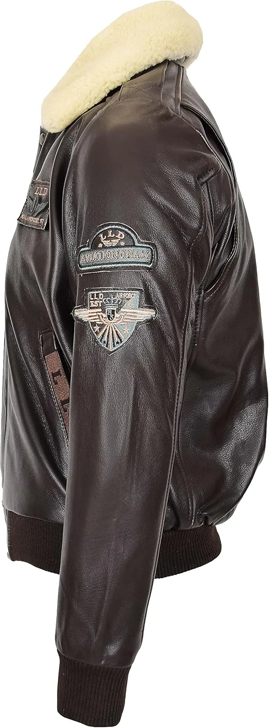 Mens Real Leather Bomber Jacket Detachable Collar Aviator Style Pilot-N
