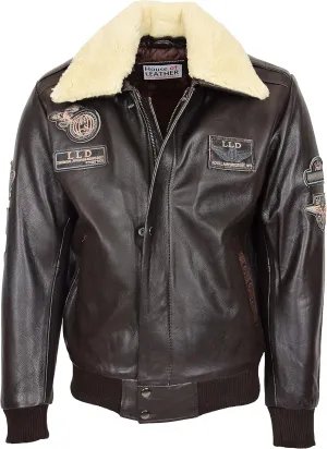 Mens Real Leather Bomber Jacket Detachable Collar Aviator Style Pilot-N