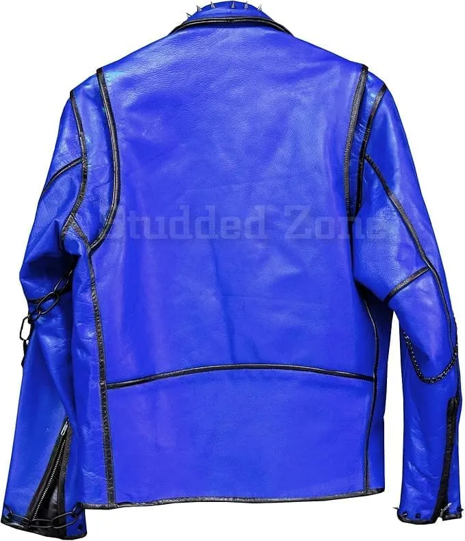Men's Rock Punk Studded Spiked Leather Biker Jacket- Rider Vinatge Multicolor Brando Belted Motorcycle Gothic Cowhide Jacket
