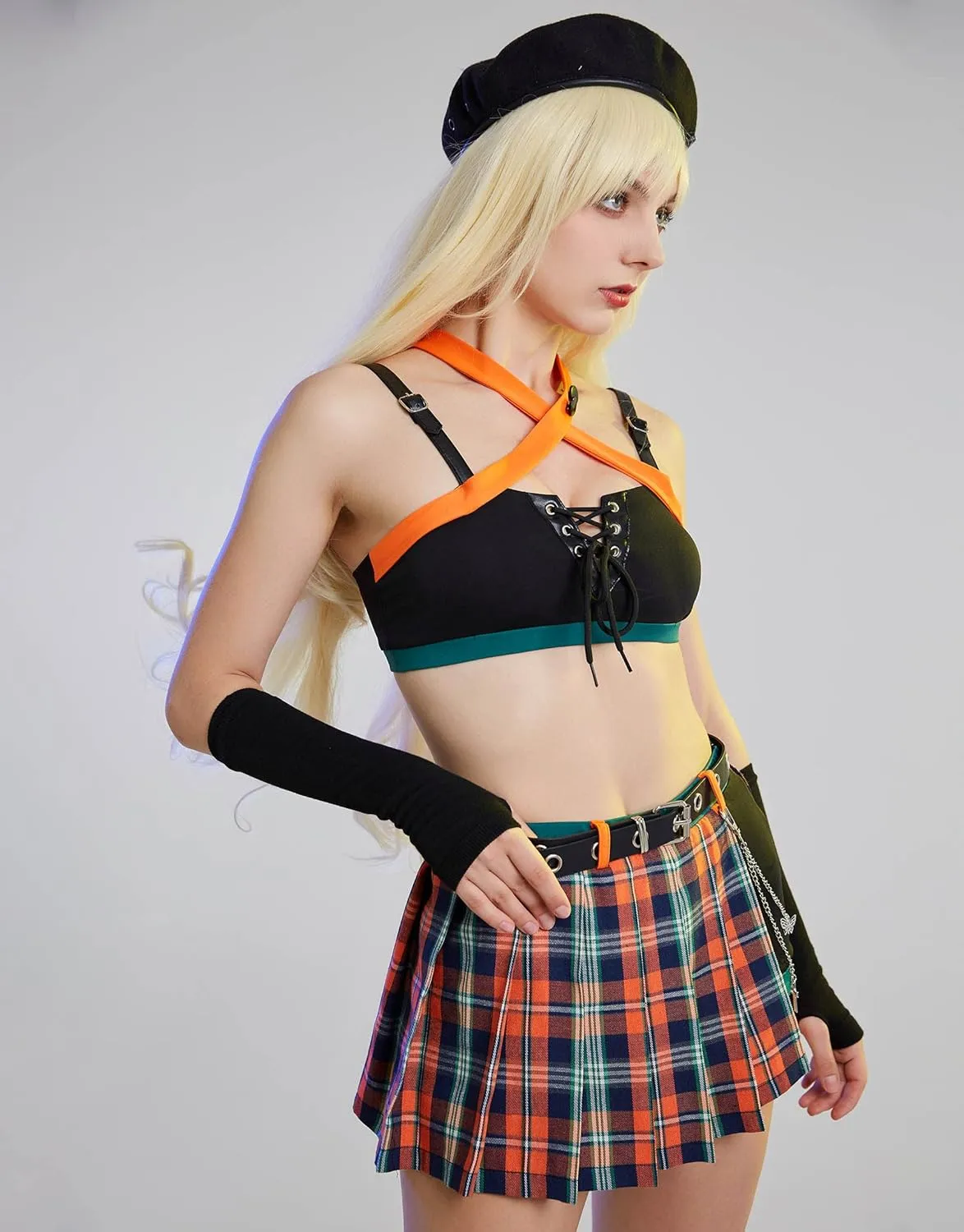 MEOWCOS Women's Gothic Summer Suit Clubwear Party Set Punk Short Halter Top and Plaid Skorts with Gloves and Belt