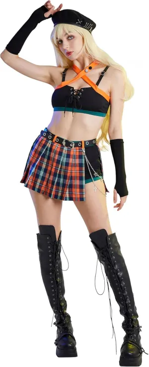 MEOWCOS Women's Gothic Summer Suit Clubwear Party Set Punk Short Halter Top and Plaid Skorts with Gloves and Belt
