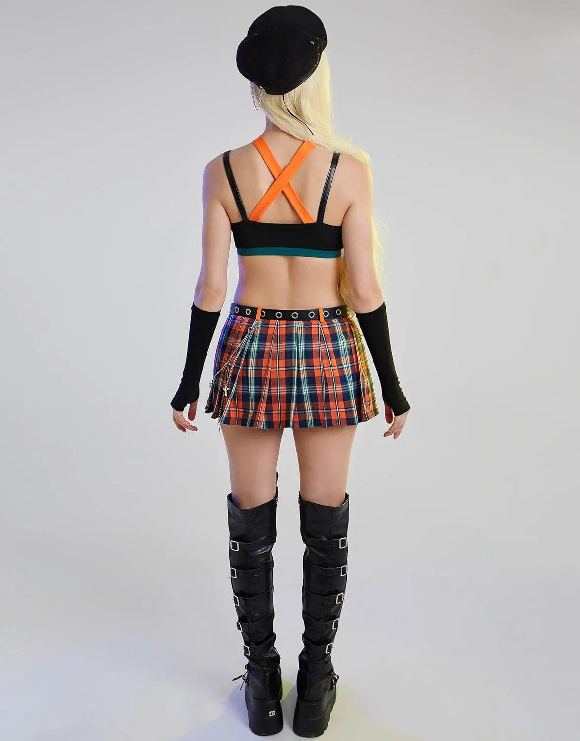 MEOWCOS Women's Gothic Summer Suit Clubwear Party Set Punk Short Halter Top and Plaid Skorts with Gloves and Belt