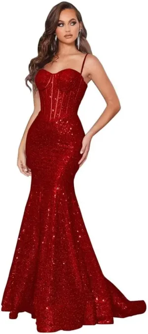 Mermaid Sequin Prom Dress Sparkly Spaghetti Straps Ball Gown Satin Formal Evening Dresses Pleated