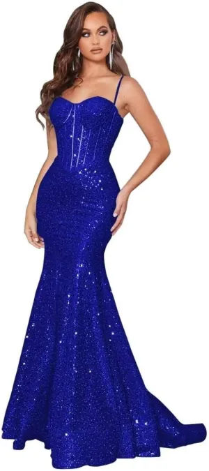 Mermaid Sequin Prom Dress Sparkly Spaghetti Straps Ball Gown Satin Formal Evening Dresses Pleated