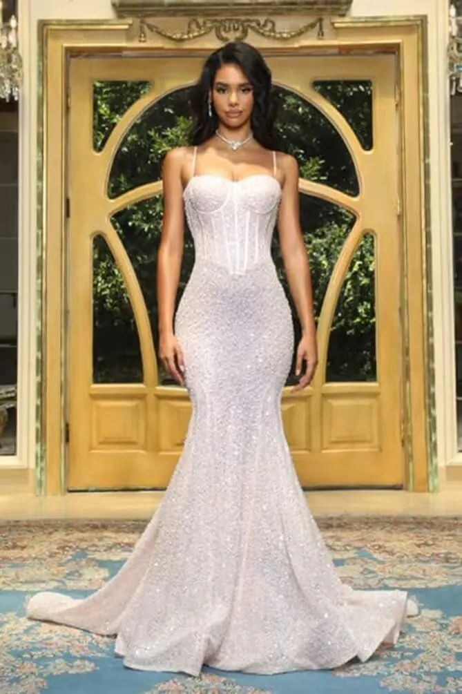 Mermaid Sequin Prom Dress Sparkly Spaghetti Straps Ball Gown Satin Formal Evening Dresses Pleated