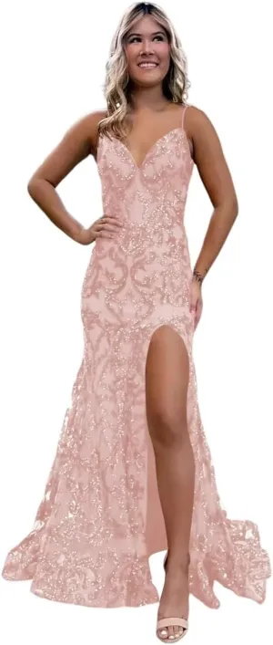 Mermaid Sparkly Sequin Prom Dress with Slit for Women 2025 Spaghetti Straps Tulle Evening Formal Gown