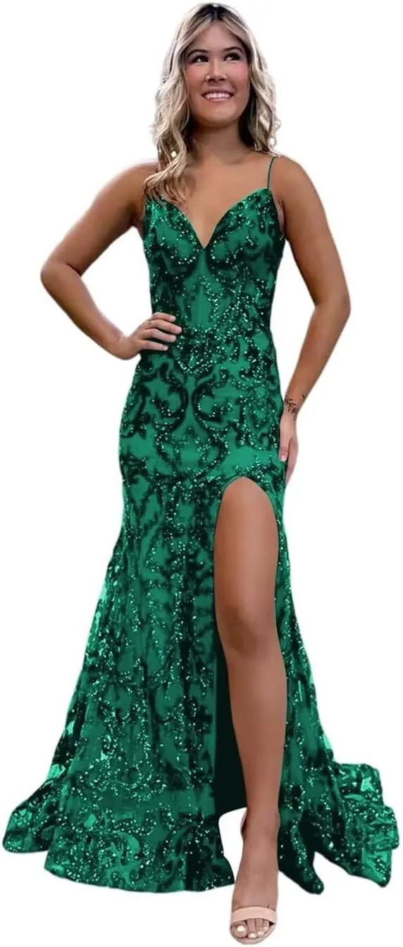 Mermaid Sparkly Sequin Prom Dress with Slit for Women 2025 Spaghetti Straps Tulle Evening Formal Gown