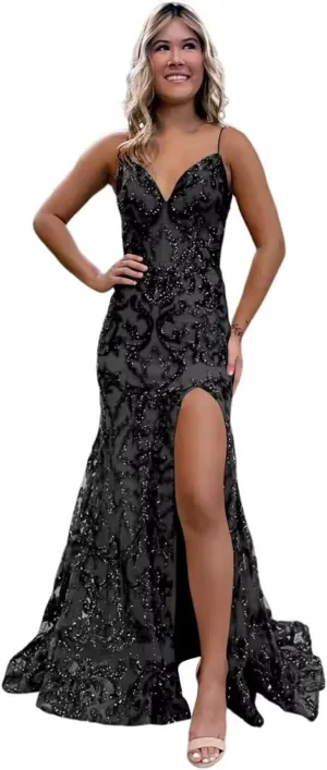 Mermaid Sparkly Sequin Prom Dress with Slit for Women 2025 Spaghetti Straps Tulle Evening Formal Gown