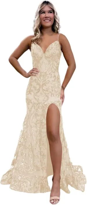 Mermaid Sparkly Sequin Prom Dress with Slit for Women 2025 Spaghetti Straps Tulle Evening Formal Gown