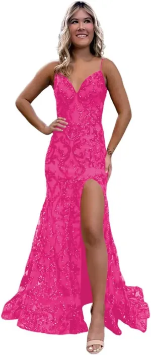 Mermaid Sparkly Sequin Prom Dress with Slit for Women 2025 Spaghetti Straps Tulle Evening Formal Gown