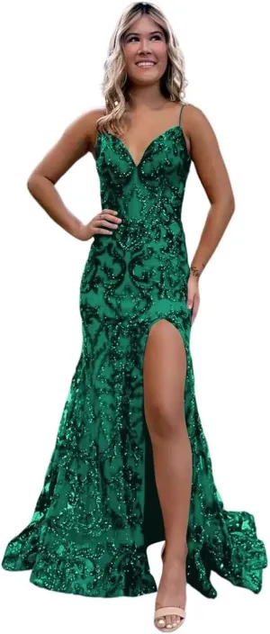Mermaid Sparkly Sequin Prom Dress with Slit for Women 2025 Spaghetti Straps Tulle Evening Formal Gown