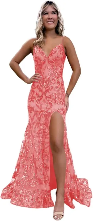 Mermaid Sparkly Sequin Prom Dress with Slit for Women 2025 Spaghetti Straps Tulle Evening Formal Gown