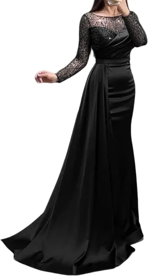 Mermaid/Trumpet Elegant Formal Wedding Guest Dress Jewel Neck Court Train Long Sleeve Party Dress Pearls Sequin 2024