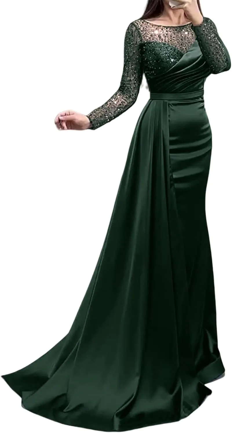 Mermaid/Trumpet Elegant Formal Wedding Guest Dress Jewel Neck Court Train Long Sleeve Party Dress Pearls Sequin 2024
