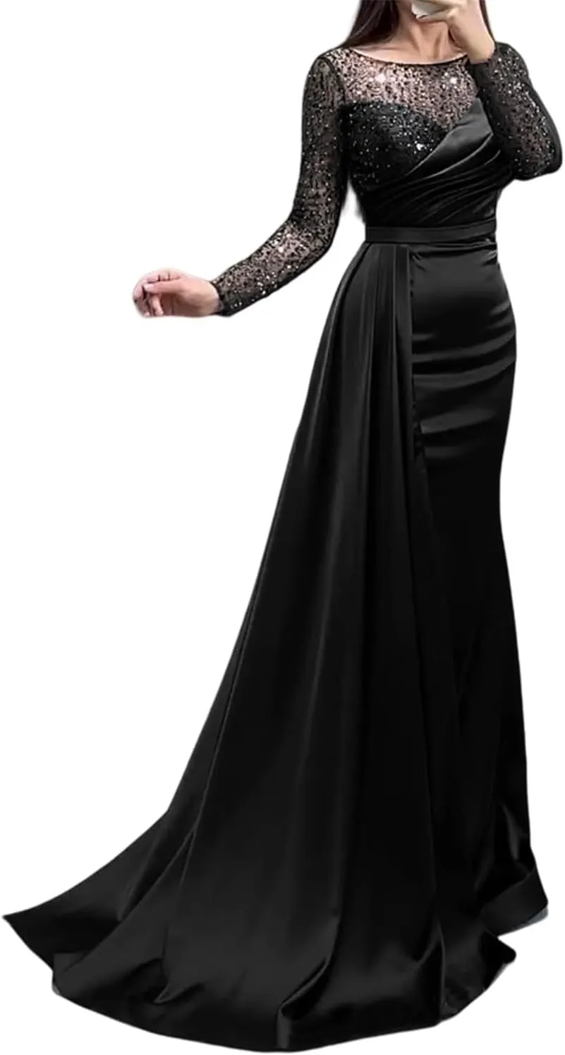 Mermaid/Trumpet Elegant Formal Wedding Guest Dress Jewel Neck Court Train Long Sleeve Party Dress Pearls Sequin 2024