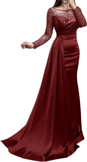 Mermaid/Trumpet Elegant Formal Wedding Guest Dress Jewel Neck Court Train Long Sleeve Party Dress Pearls Sequin 2024