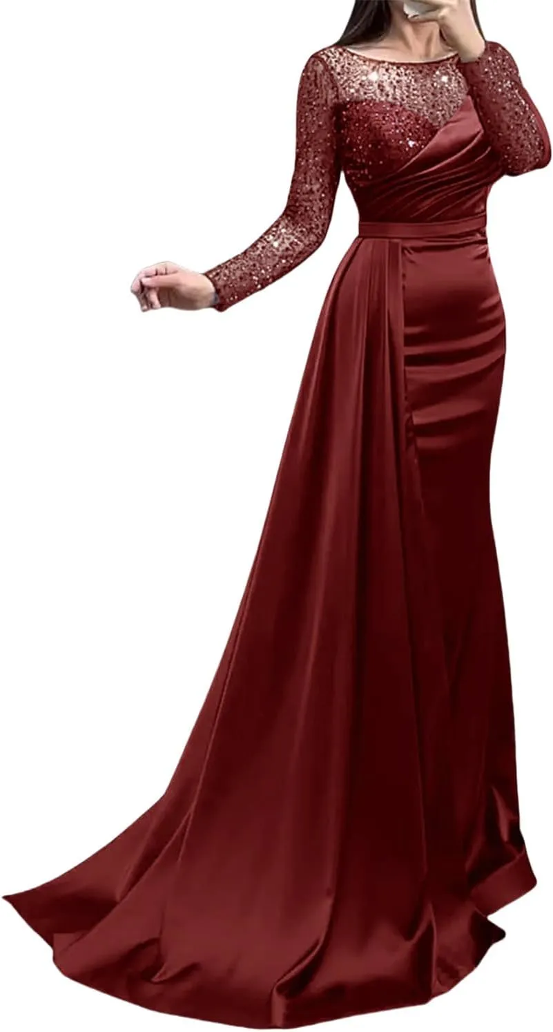 Mermaid/Trumpet Elegant Formal Wedding Guest Dress Jewel Neck Court Train Long Sleeve Party Dress Pearls Sequin 2024