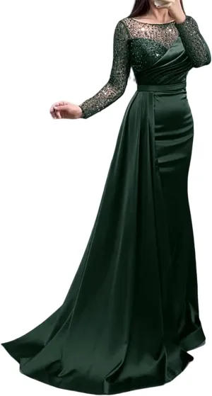 Mermaid/Trumpet Elegant Formal Wedding Guest Dress Jewel Neck Court Train Long Sleeve Party Dress Pearls Sequin 2024