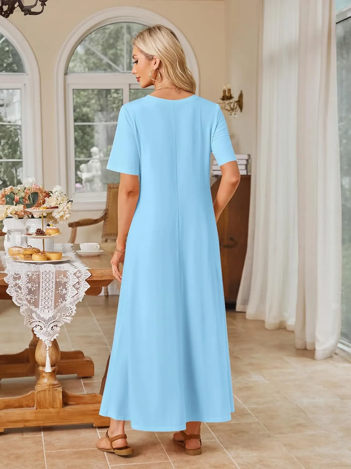 MEROKEETY Women's 2025 Spring Summer Casual Maxi Dress Beach Vacation Short Sleeve Crewneck Basic Long T Shirt Dresses