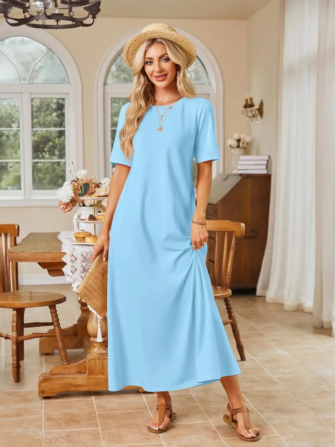 MEROKEETY Women's 2025 Spring Summer Casual Maxi Dress Beach Vacation Short Sleeve Crewneck Basic Long T Shirt Dresses