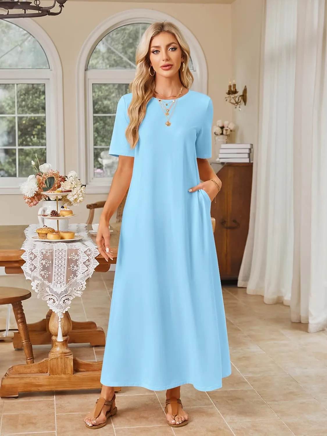 MEROKEETY Women's 2025 Spring Summer Casual Maxi Dress Beach Vacation Short Sleeve Crewneck Basic Long T Shirt Dresses