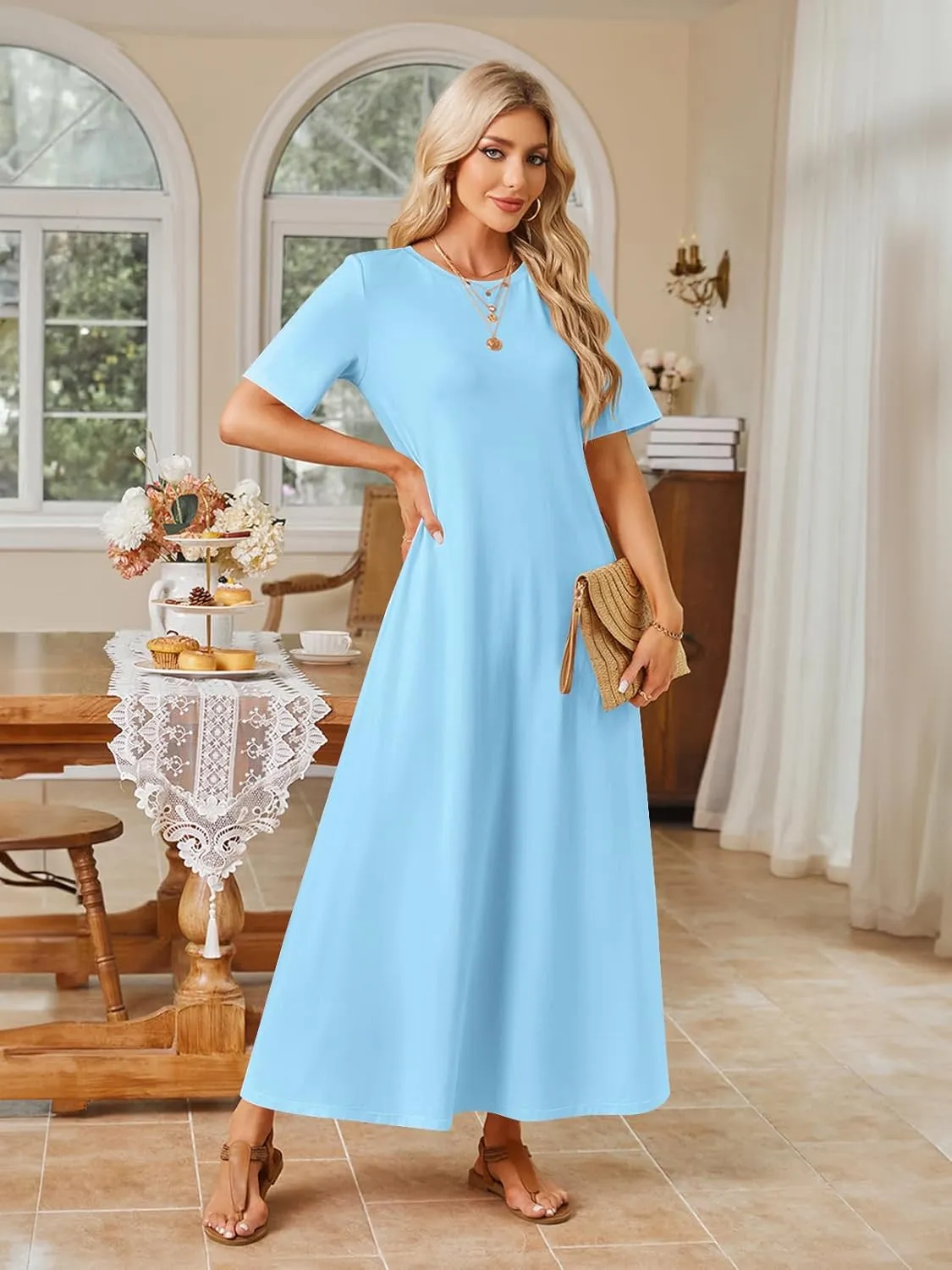 MEROKEETY Women's 2025 Spring Summer Casual Maxi Dress Beach Vacation Short Sleeve Crewneck Basic Long T Shirt Dresses