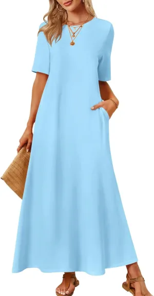MEROKEETY Women's 2025 Spring Summer Casual Maxi Dress Beach Vacation Short Sleeve Crewneck Basic Long T Shirt Dresses