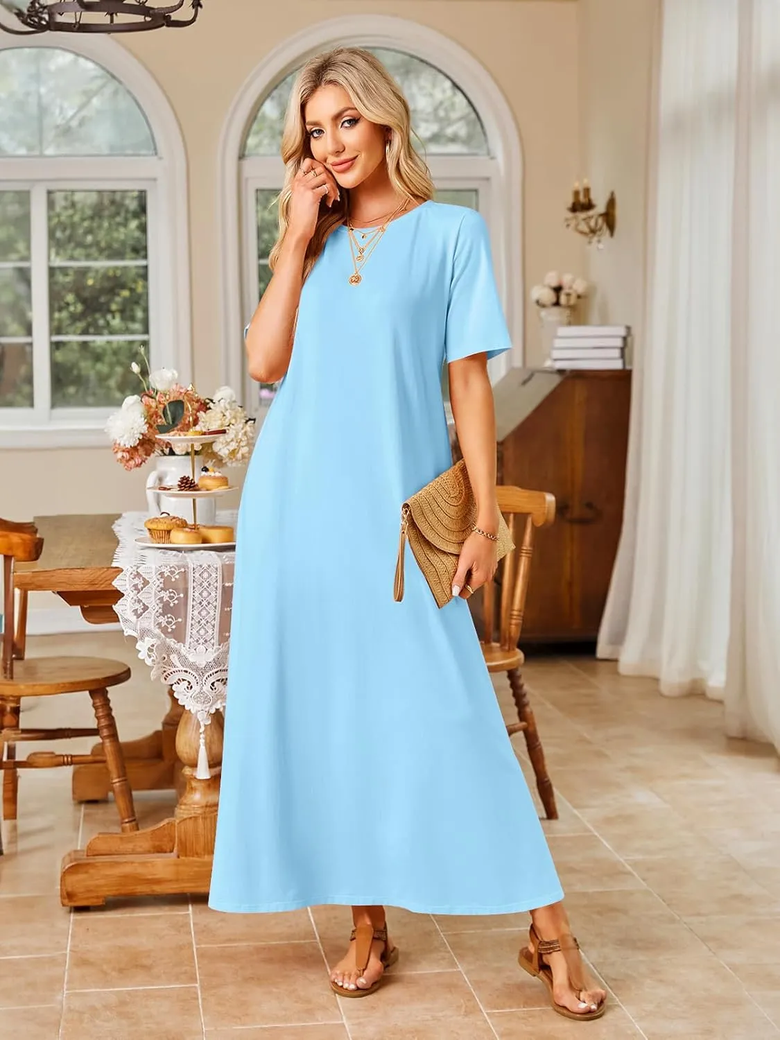 MEROKEETY Women's 2025 Spring Summer Casual Maxi Dress Beach Vacation Short Sleeve Crewneck Basic Long T Shirt Dresses