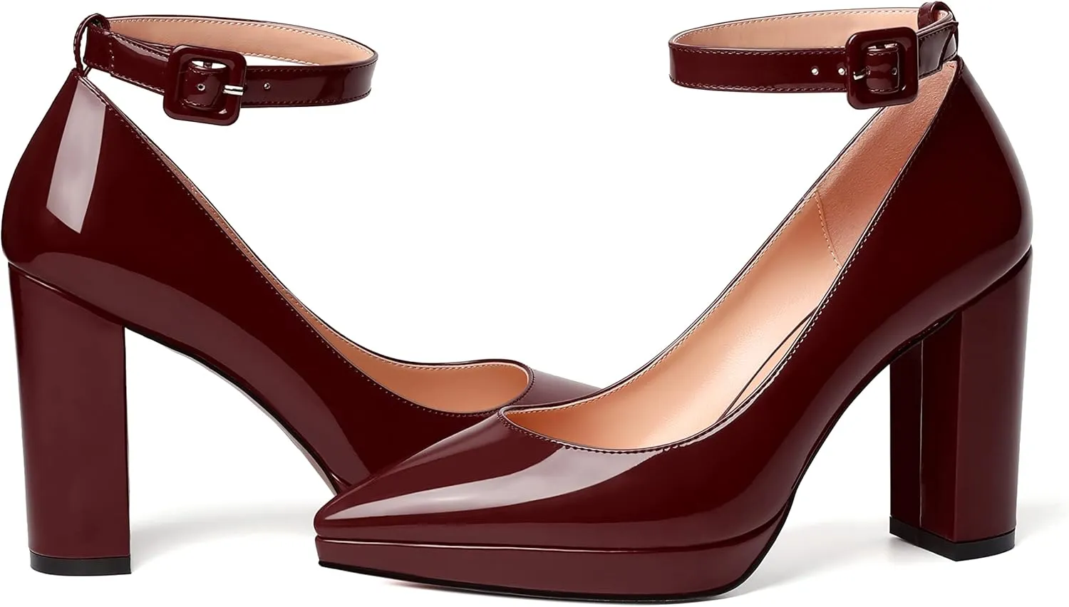 MERRORI Womens Platform Evening Dress Buckle Solid Patent Pointed Toe Ankle Strap Chunky High Heel Pumps Shoes 4 Inch