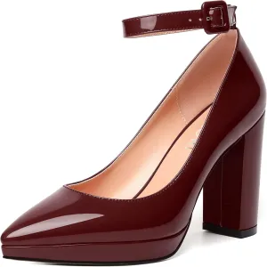 MERRORI Womens Platform Evening Dress Buckle Solid Patent Pointed Toe Ankle Strap Chunky High Heel Pumps Shoes 4 Inch