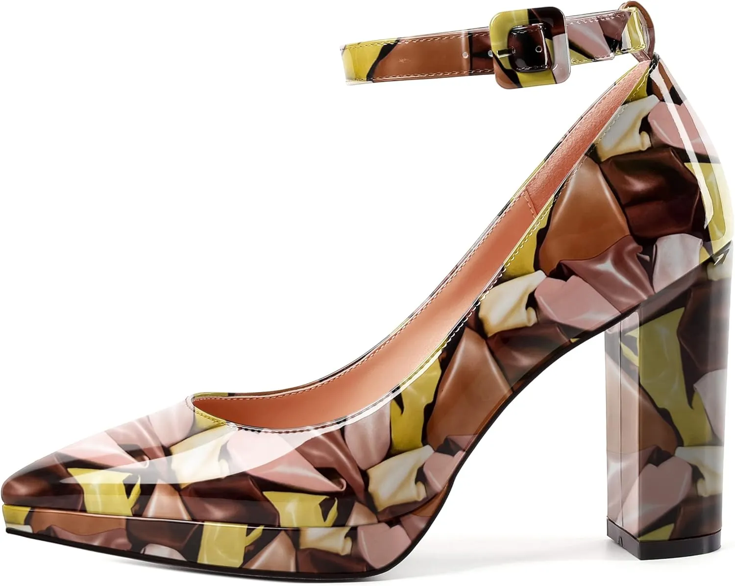 MERRORI Womens Platform Evening Dress Buckle Solid Patent Pointed Toe Ankle Strap Chunky High Heel Pumps Shoes 4 Inch
