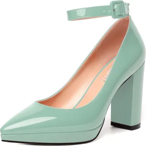 MERRORI Womens Platform Evening Dress Buckle Solid Patent Pointed Toe Ankle Strap Chunky High Heel Pumps Shoes 4 Inch
