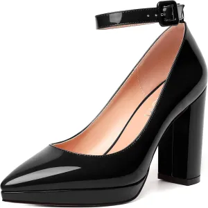MERRORI Womens Platform Evening Dress Buckle Solid Patent Pointed Toe Ankle Strap Chunky High Heel Pumps Shoes 4 Inch