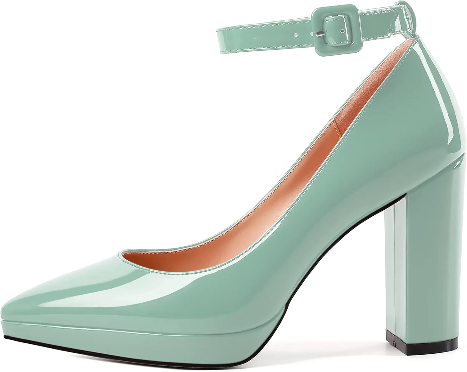 MERRORI Womens Platform Evening Dress Buckle Solid Patent Pointed Toe Ankle Strap Chunky High Heel Pumps Shoes 4 Inch