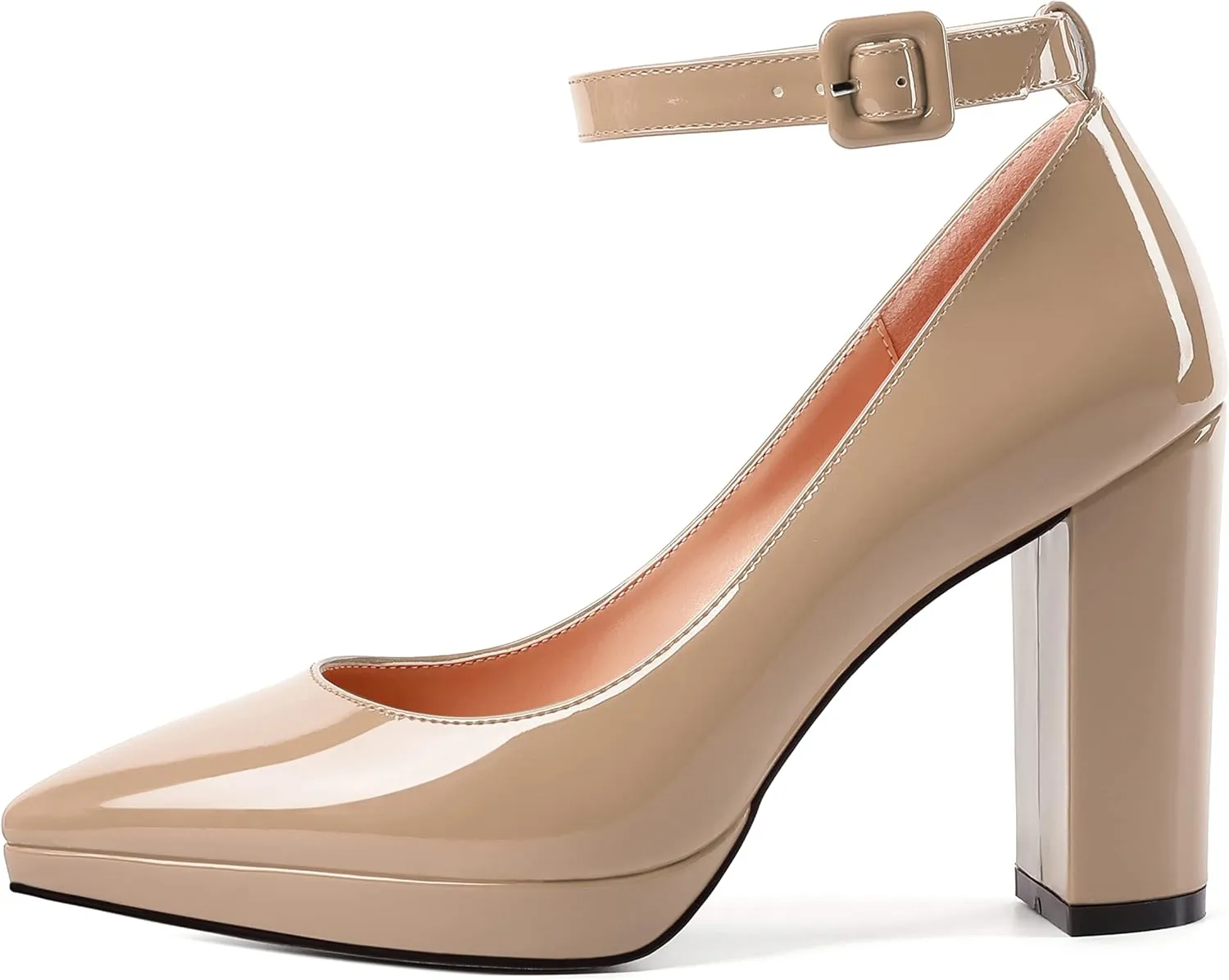 MERRORI Womens Platform Evening Dress Buckle Solid Patent Pointed Toe Ankle Strap Chunky High Heel Pumps Shoes 4 Inch