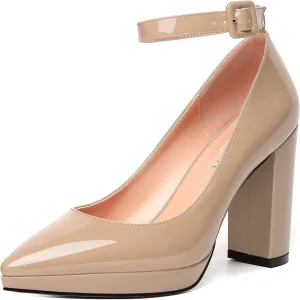 MERRORI Womens Platform Evening Dress Buckle Solid Patent Pointed Toe Ankle Strap Chunky High Heel Pumps Shoes 4 Inch