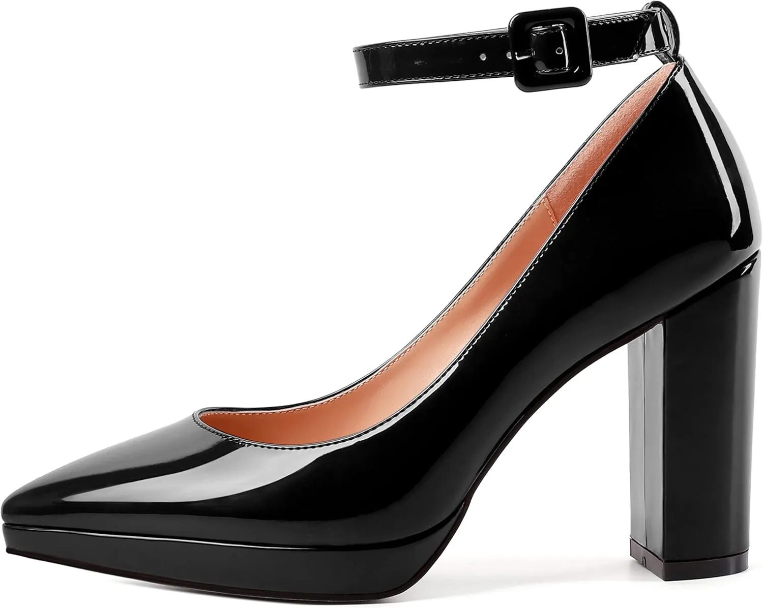 MERRORI Womens Platform Evening Dress Buckle Solid Patent Pointed Toe Ankle Strap Chunky High Heel Pumps Shoes 4 Inch