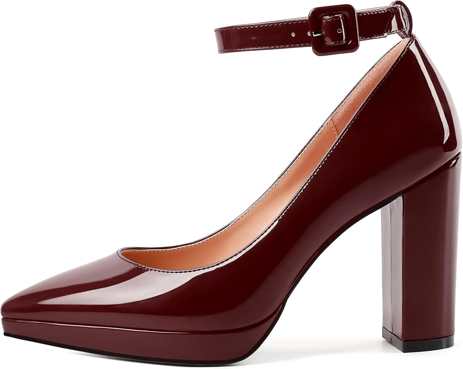 MERRORI Womens Platform Evening Dress Buckle Solid Patent Pointed Toe Ankle Strap Chunky High Heel Pumps Shoes 4 Inch