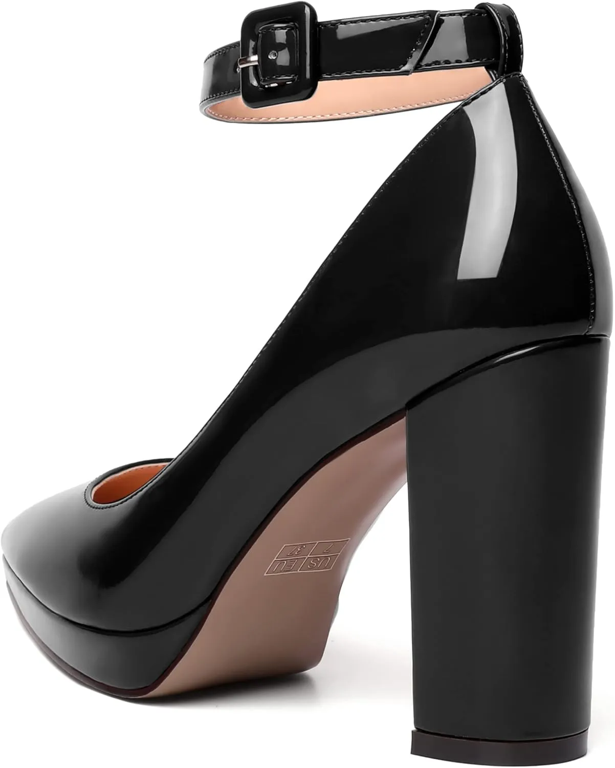 MERRORI Womens Platform Evening Dress Buckle Solid Patent Pointed Toe Ankle Strap Chunky High Heel Pumps Shoes 4 Inch