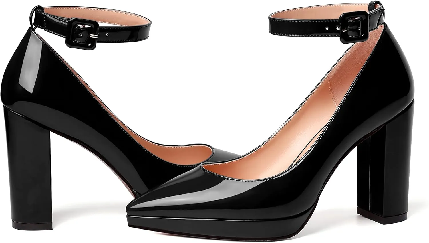 MERRORI Womens Platform Evening Dress Buckle Solid Patent Pointed Toe Ankle Strap Chunky High Heel Pumps Shoes 4 Inch