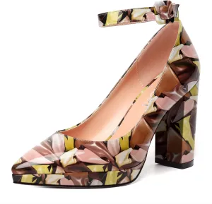 MERRORI Womens Platform Evening Dress Buckle Solid Patent Pointed Toe Ankle Strap Chunky High Heel Pumps Shoes 4 Inch